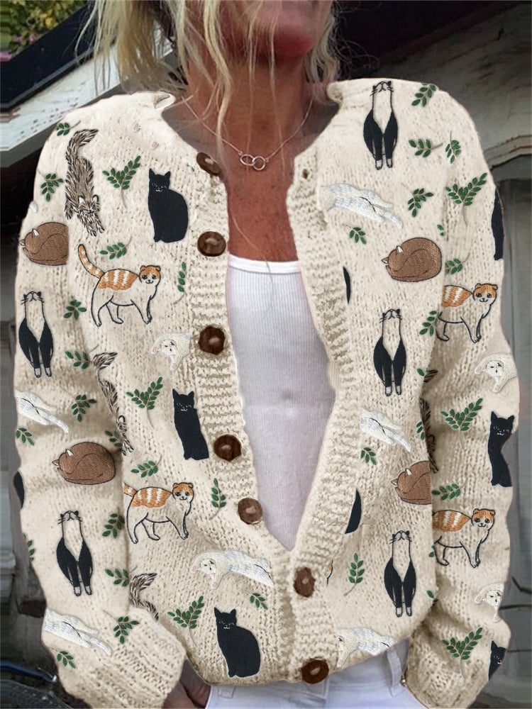 Strickjacke mit Katzen-Print für Damen