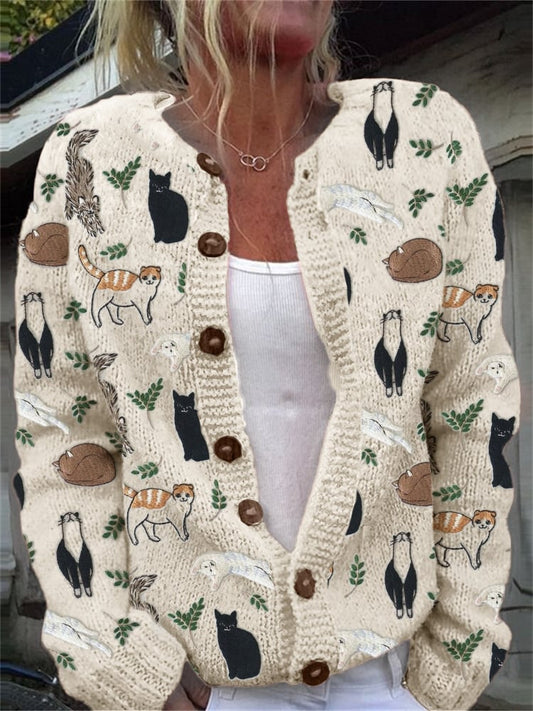 Strickjacke mit Katzen-Print für Damen
