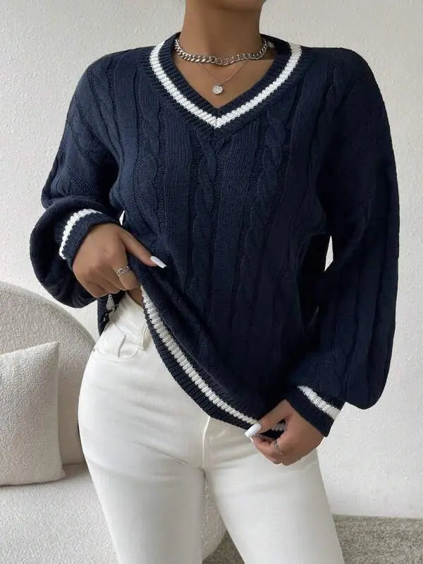 Emma | Women's Striped Cable Knit Sweater – V-Neck Preppy Pullover