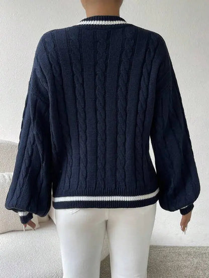 Emma | Women's Striped Cable Knit Sweater – V-Neck Preppy Pullover