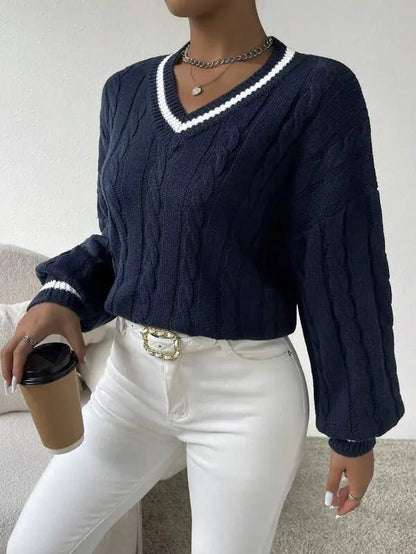 Emma | Women's Striped Cable Knit Sweater – V-Neck Preppy Pullover