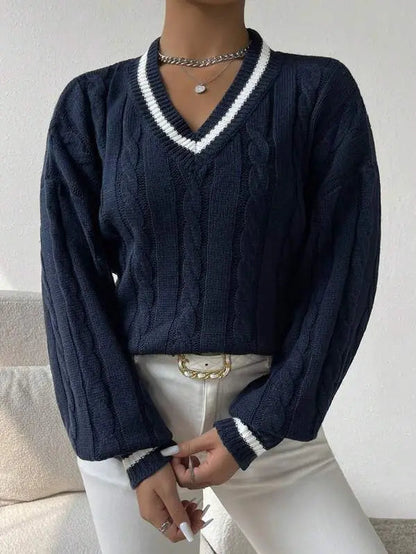 Emma | Women's Striped Cable Knit Sweater – V-Neck Preppy Pullover