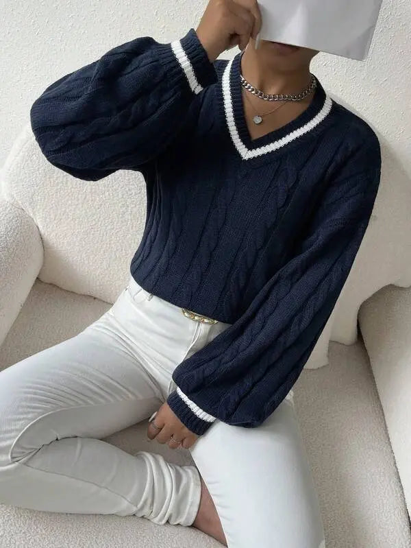 Emma | Women's Striped Cable Knit Sweater – V-Neck Preppy Pullover