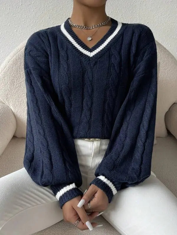 Emma | Women's Striped Cable Knit Sweater – V-Neck Preppy Pullover