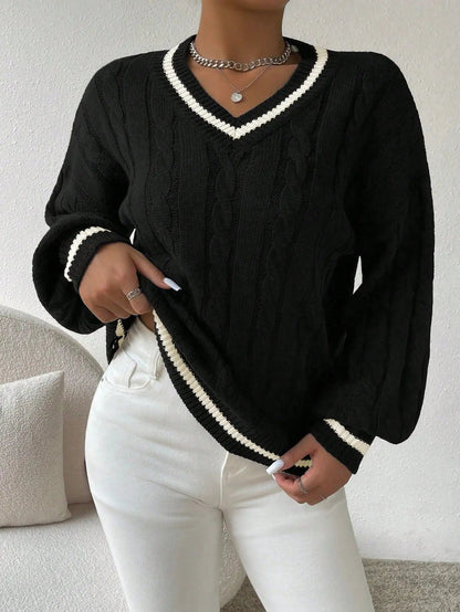 Emma | Women's Striped Cable Knit Sweater – V-Neck Preppy Pullover