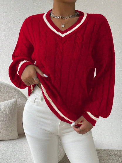 Emma | Women's Striped Cable Knit Sweater – V-Neck Preppy Pullover