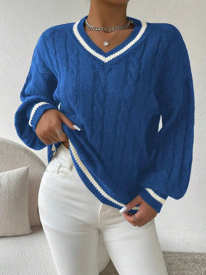 Emma | Women's Striped Cable Knit Sweater – V-Neck Preppy Pullover