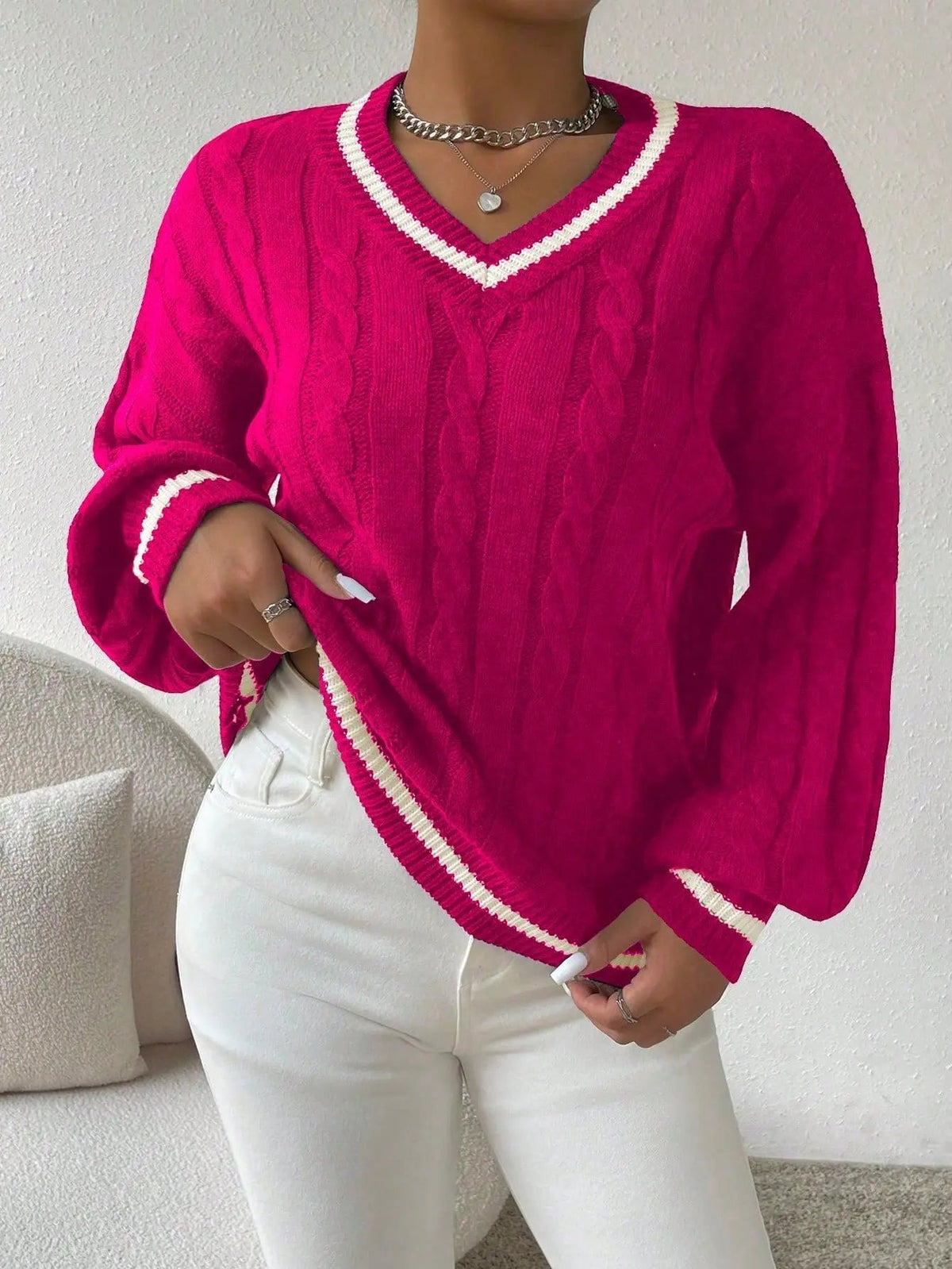 Emma | Women's Striped Cable Knit Sweater – V-Neck Preppy Pullover