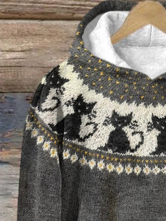 Norvella Cat Pattern Knit Hoodie