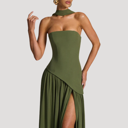 Elegant Pleated Strapless Long Evening Dress
