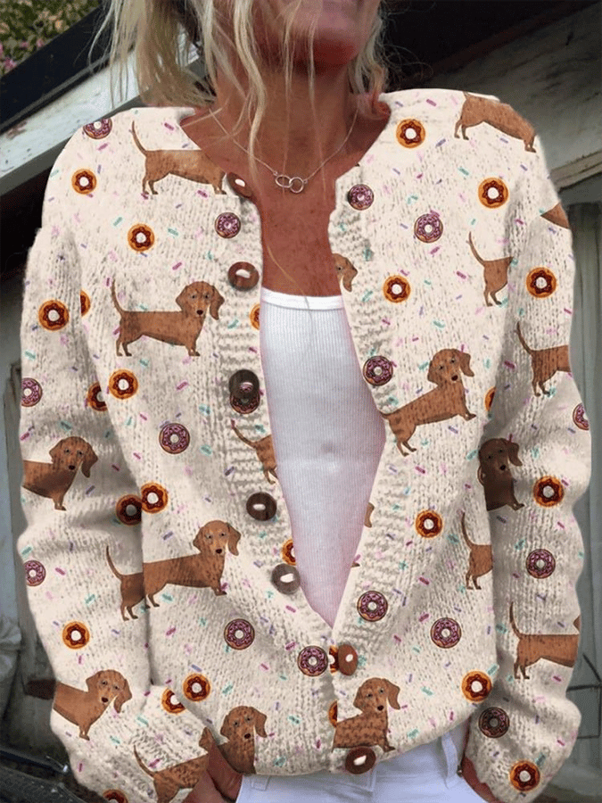 Strickjacke mit Hundemotiv im Vintage-Stil für Damen