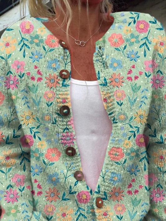 Summer Field Floral Pattern Print Buttoned Cardigan Sweater