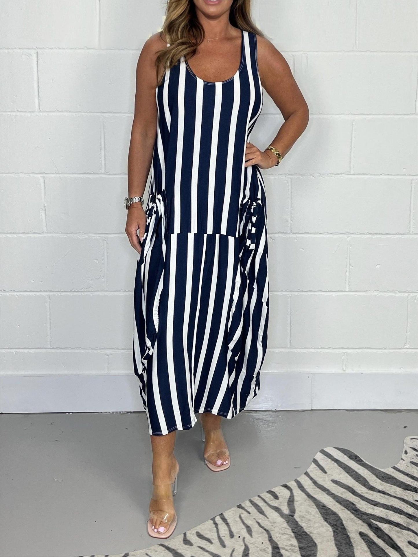 Stripe Oversize Tie Pocket Dress