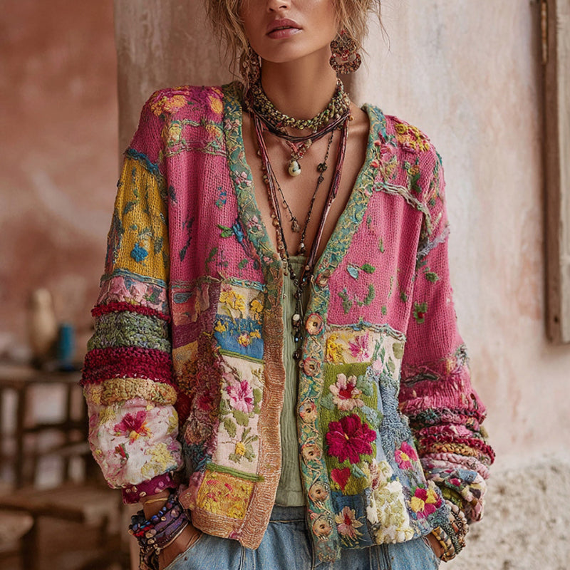 Elvana | Women's Floral Knit Cardigan - Elegant Vintage V-Neck Cozy Cardigan