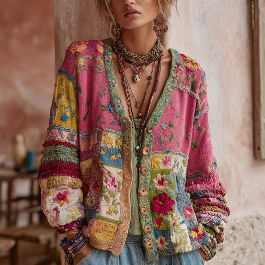 Elvana | Women's Floral Knit Cardigan - Elegant Vintage V-Neck Cozy Cardigan