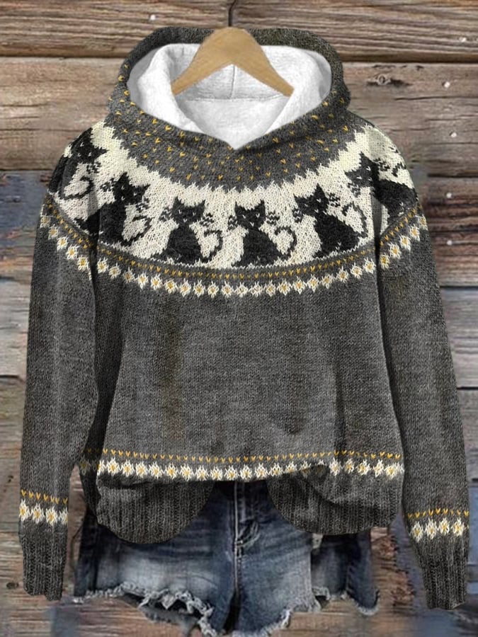 Norvella Cat Pattern Knit Hoodie