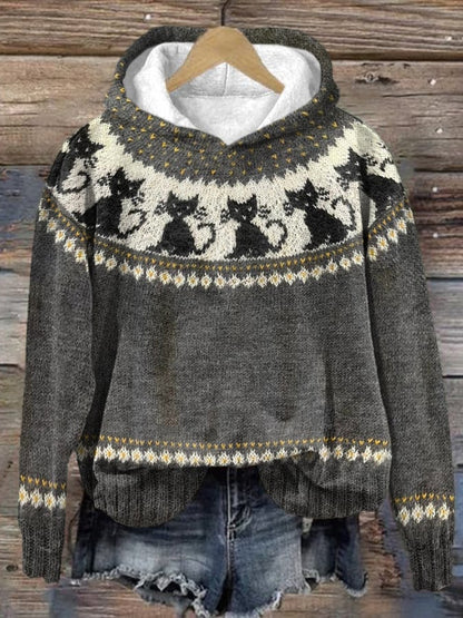 Norvella Cat Pattern Knit Hoodie