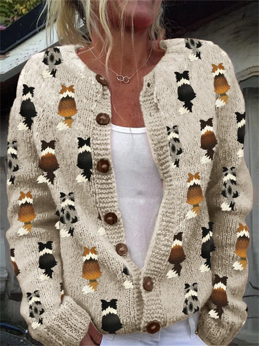 Avenique Cozy Knit Cardigan - Embroidered Border Collie
