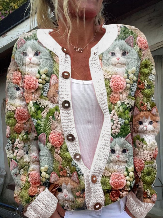 Strickjacke mit dreidimensionalem Blumen- und Katzendruck für Damen