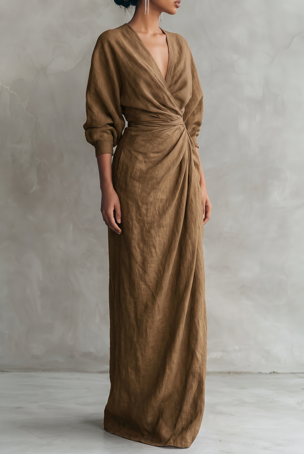 Dorothy | Linen Blend V-Neck Maxi Dress in Pink, Brown and Black