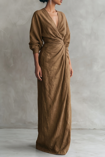 Dorothy | Linen Blend V-Neck Maxi Dress in Pink, Brown and Black