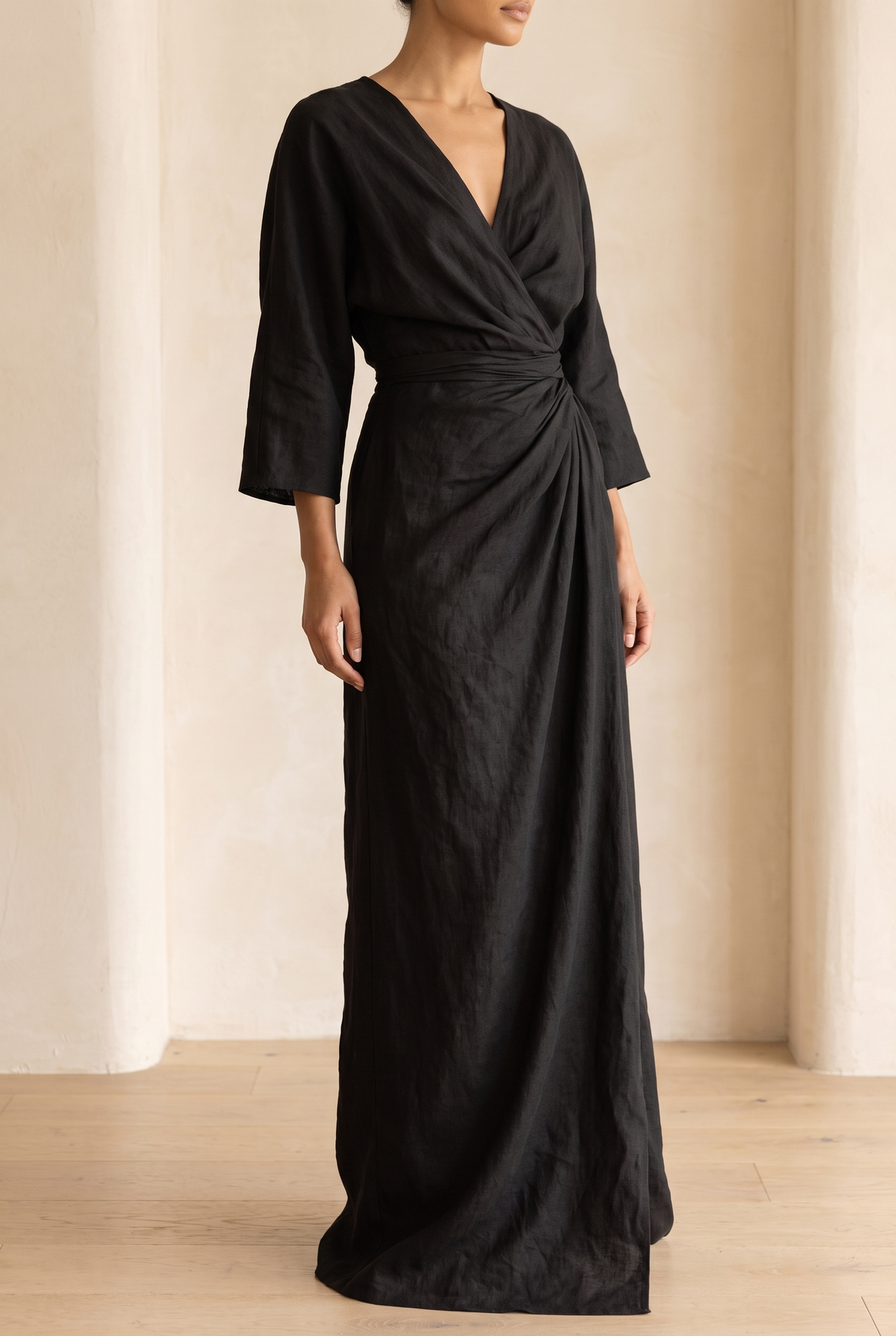 Dorothy | Linen Blend V-Neck Maxi Dress in Pink, Brown and Black