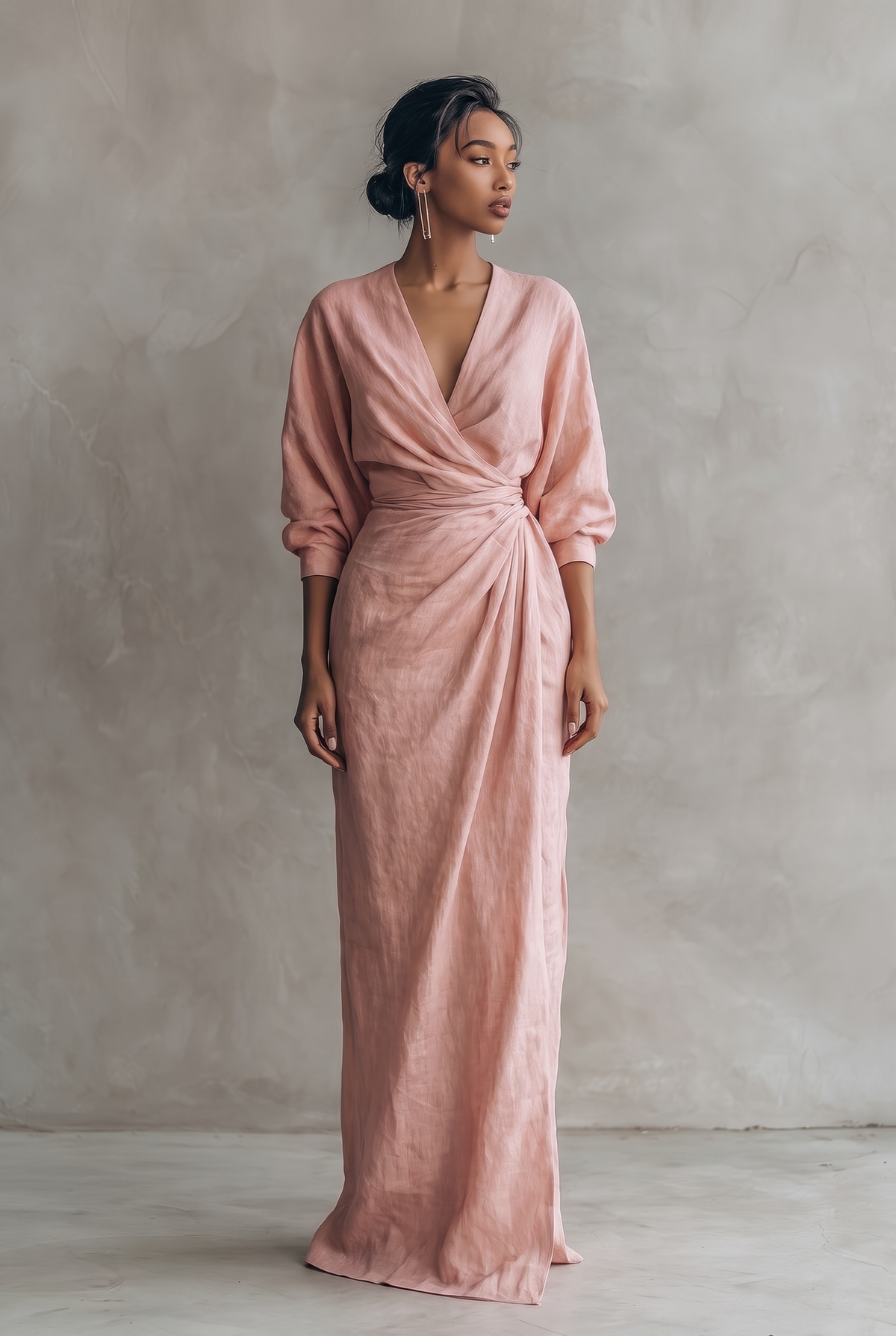 Dorothy | Linen Blend V-Neck Maxi Dress in Pink, Brown and Black