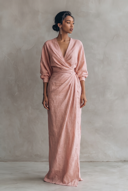 Dorothy | Linen Blend V-Neck Maxi Dress in Pink, Brown and Black