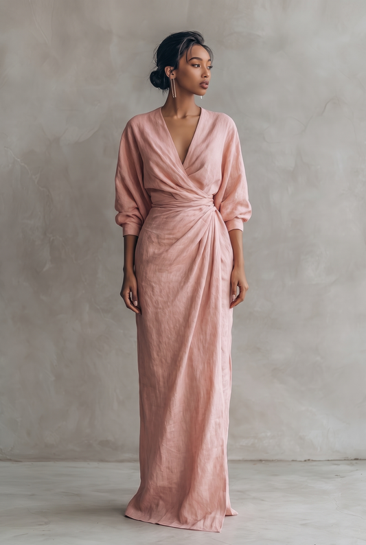 Dorothy | Linen Blend V-Neck Maxi Dress in Pink, Brown and Black