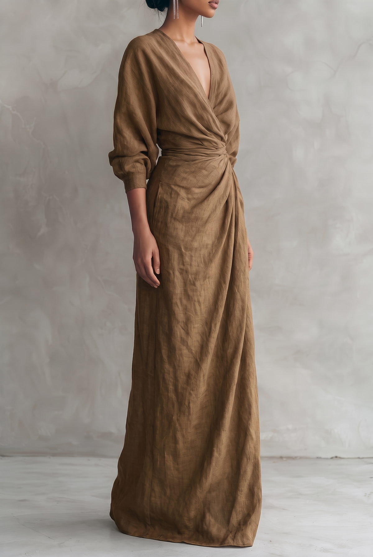 Dorothy | Linen Blend V-Neck Maxi Dress in Pink, Brown and Black