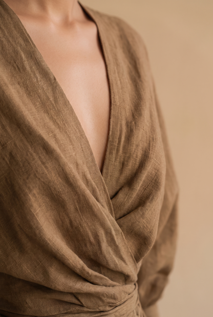 Dorothy | Linen Blend V-Neck Maxi Dress in Pink, Brown and Black