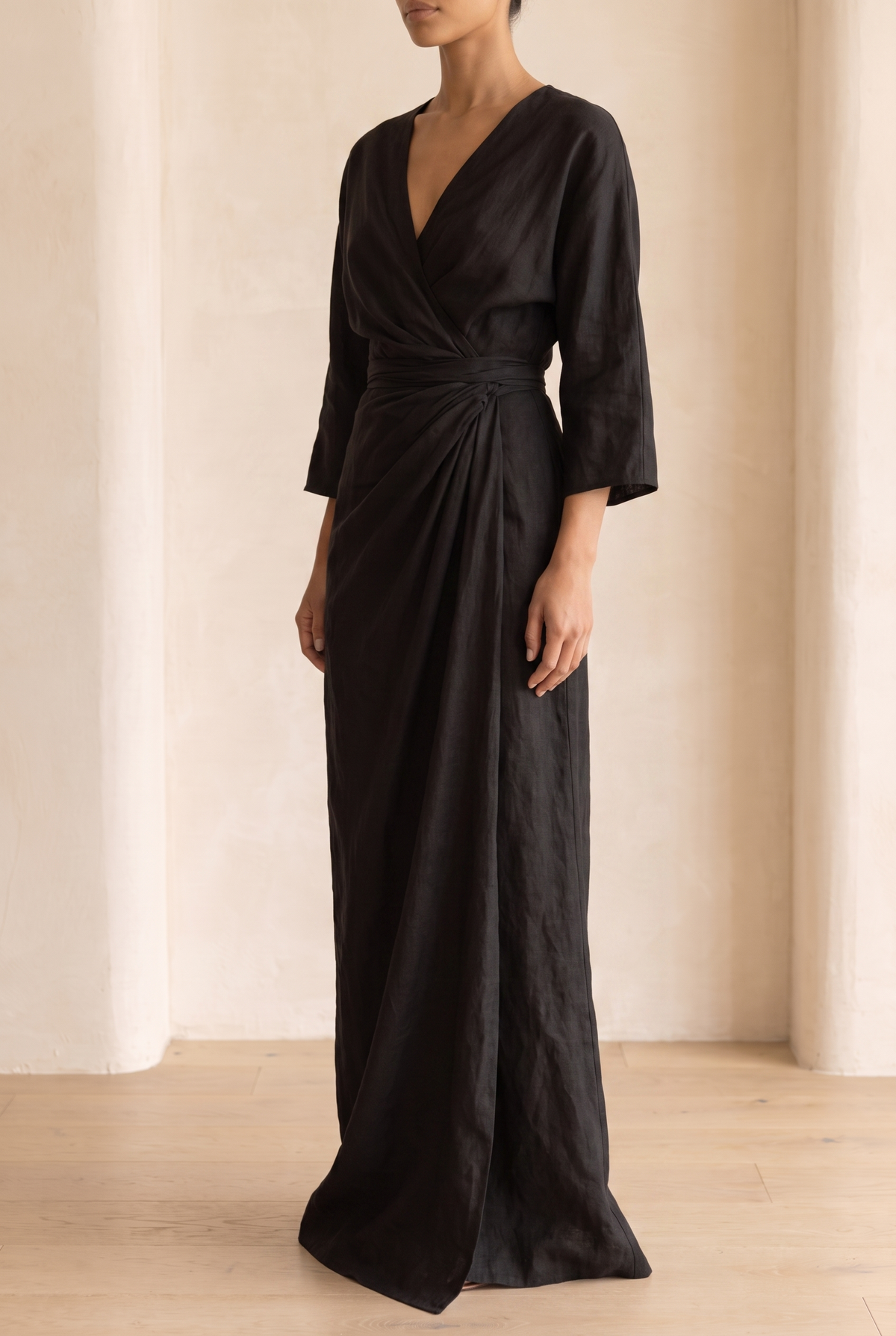Dorothy | Linen Blend V-Neck Maxi Dress in Pink, Brown and Black