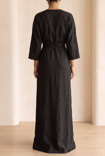 Dorothy | Linen Blend V-Neck Maxi Dress in Pink, Brown and Black