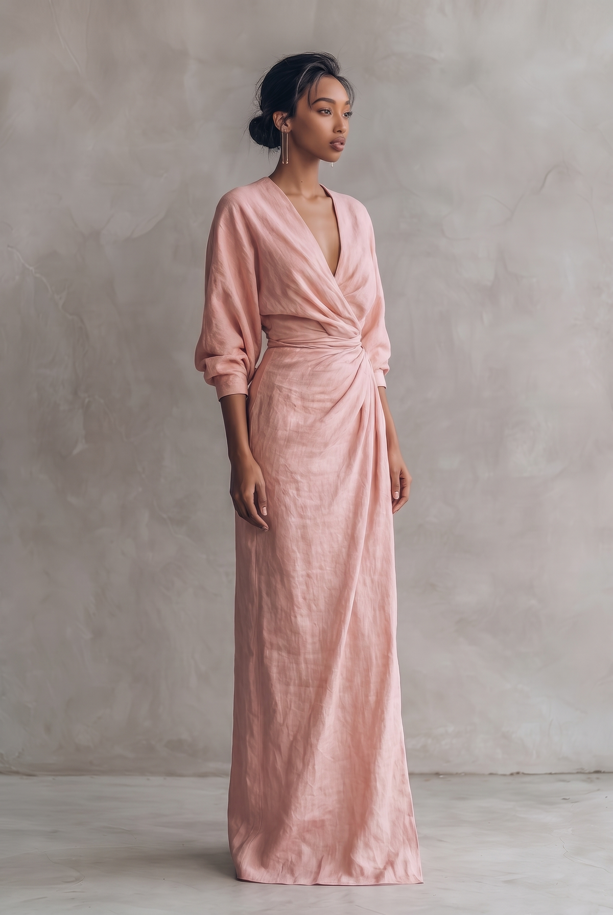 Dorothy | Linen Blend V-Neck Maxi Dress in Pink, Brown and Black