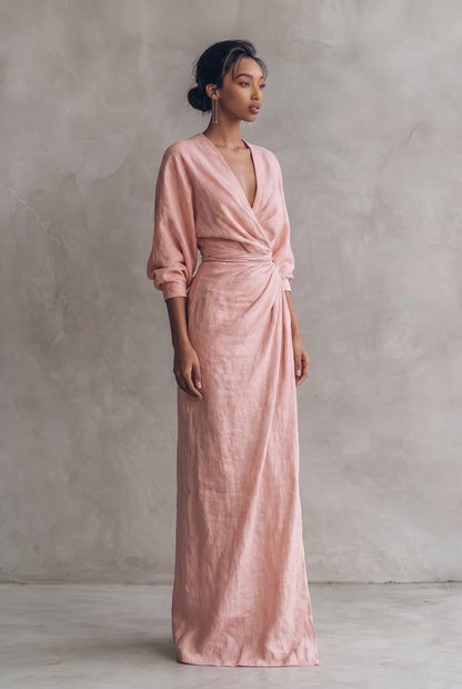 Dorothy | Linen Blend V-Neck Maxi Dress in Pink, Brown and Black
