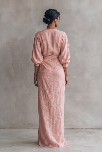 Dorothy | Linen Blend V-Neck Maxi Dress in Pink, Brown and Black